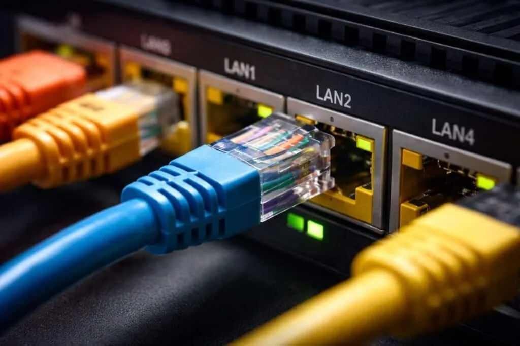 Câbles Ethernet connectés aux ports LAN d’une box internet
