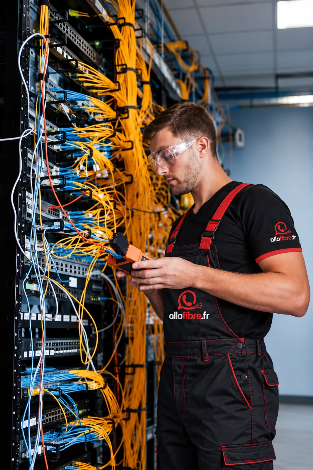 Technicien Allô Fibre en tenue noire et rouge devant une baie de fibre optique
